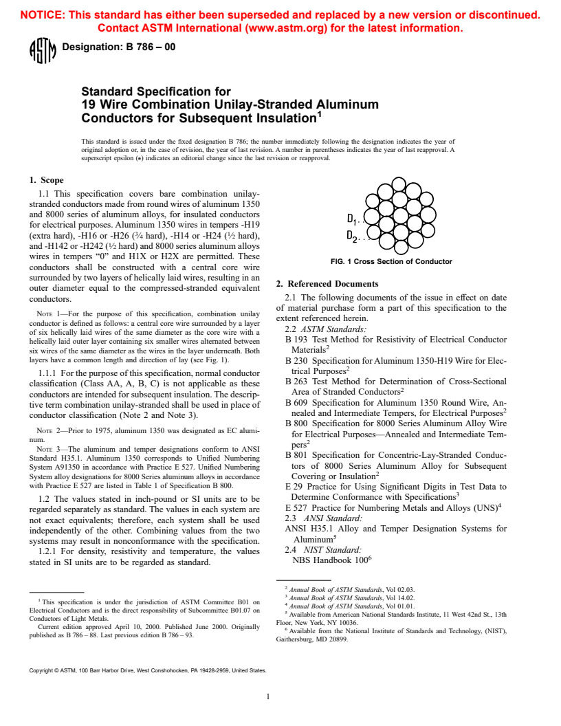 ASTM B786-00 - Standard Specification for 19 Wire Combination Unilay-Stranded Aluminum Conductors for Subsequent Insulation