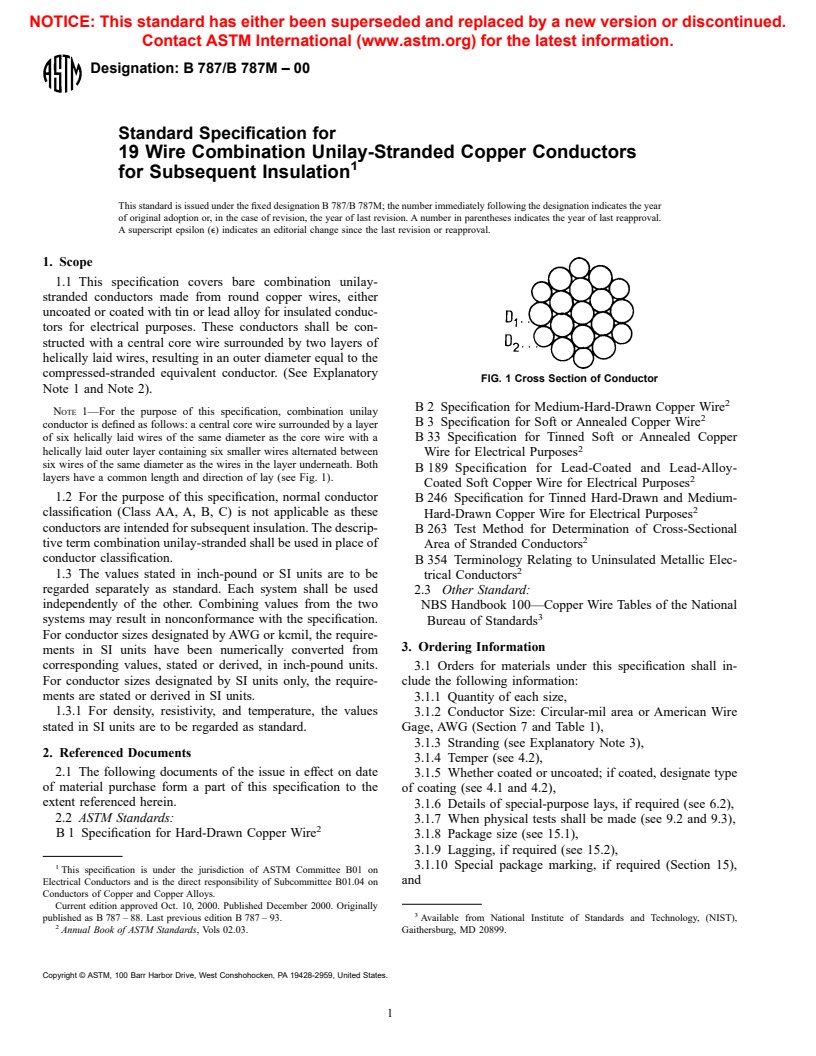 ASTM B787/B787M-00 - Standard Specification for 19 Wire Combination Unilay-Stranded Copper Conductors for Subsequent Insulation