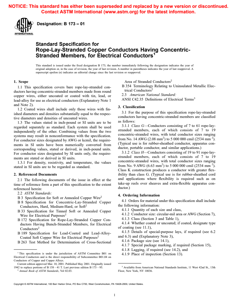 ASTM B173-01 - Standard Specification for Rope-Lay-Stranded Copper Conductors Having Concentric-Stranded Members, for Electrical Conductors