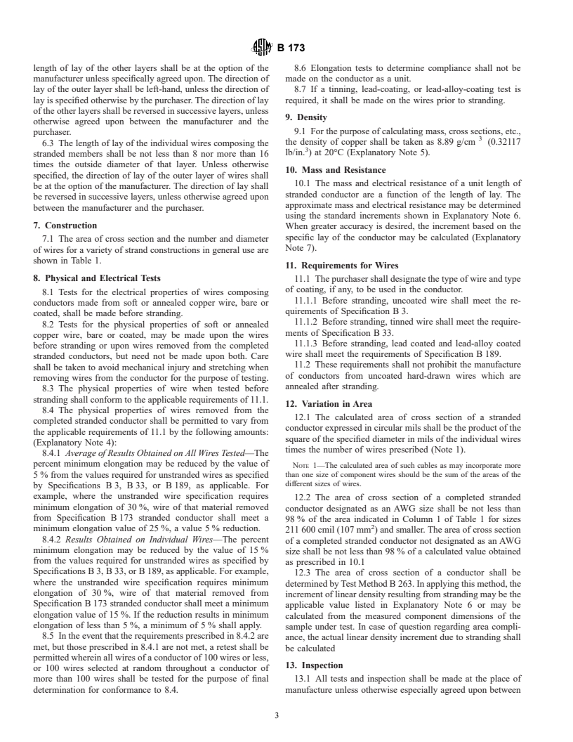 ASTM B173-01 - Standard Specification for Rope-Lay-Stranded Copper Conductors Having Concentric-Stranded Members, for Electrical Conductors