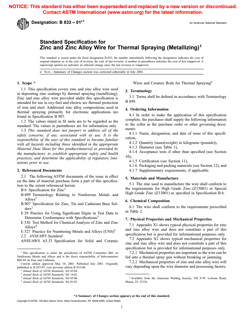 ASTM B833-01e1 - Standard Specification for Zinc and Zinc Alloy Wire for Thermal Spraying (Metallizing)