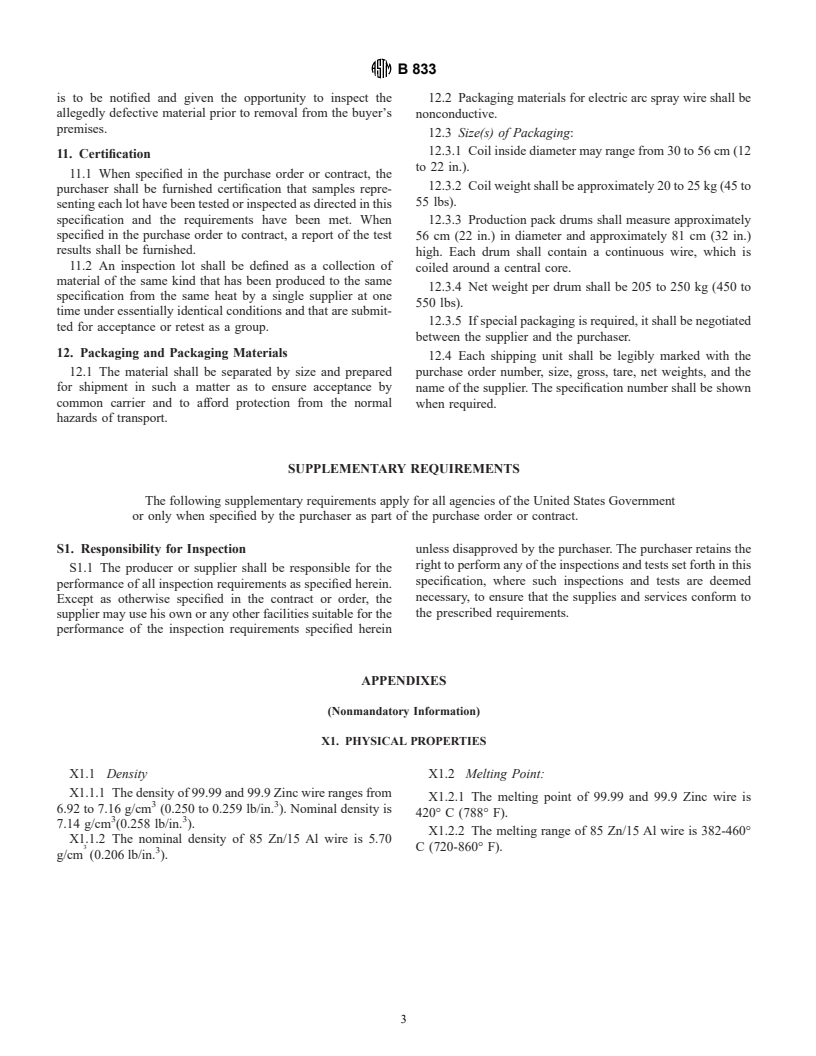 ASTM B833-01e1 - Standard Specification for Zinc and Zinc Alloy Wire for Thermal Spraying (Metallizing)