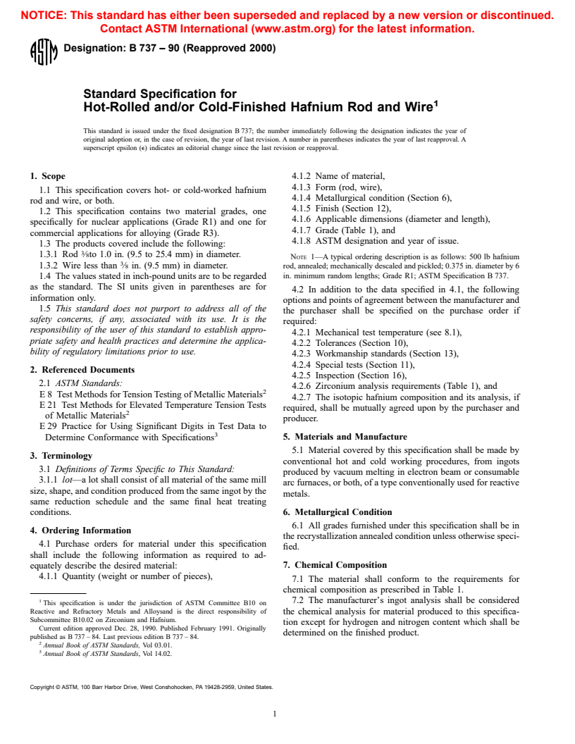 ASTM B737-90(2000) - Standard Specification for Hot-Rolled and/or Cold-Finished Hafnium Rod and Wire