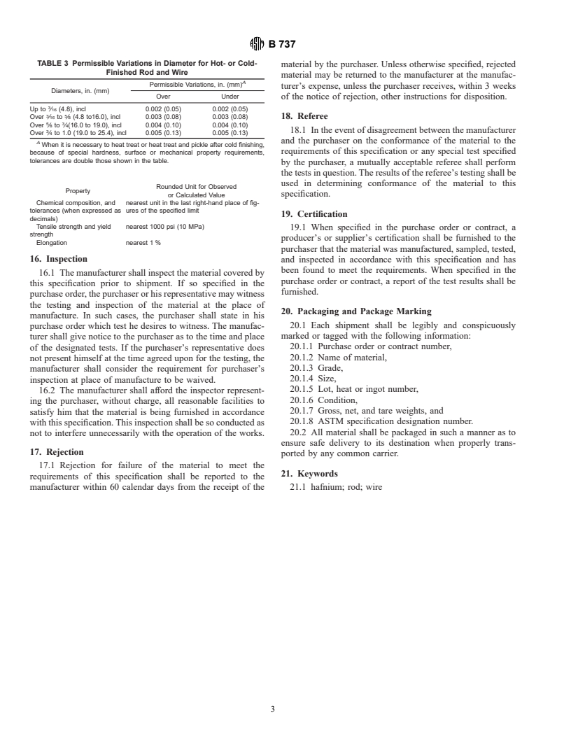 ASTM B737-90(2000) - Standard Specification for Hot-Rolled and/or Cold-Finished Hafnium Rod and Wire