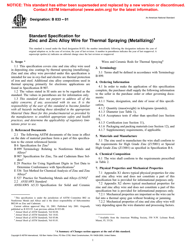 ASTM B833-01 - Standard Specification for Zinc and Zinc Alloy Wire for Thermal Spraying (Metallizing)