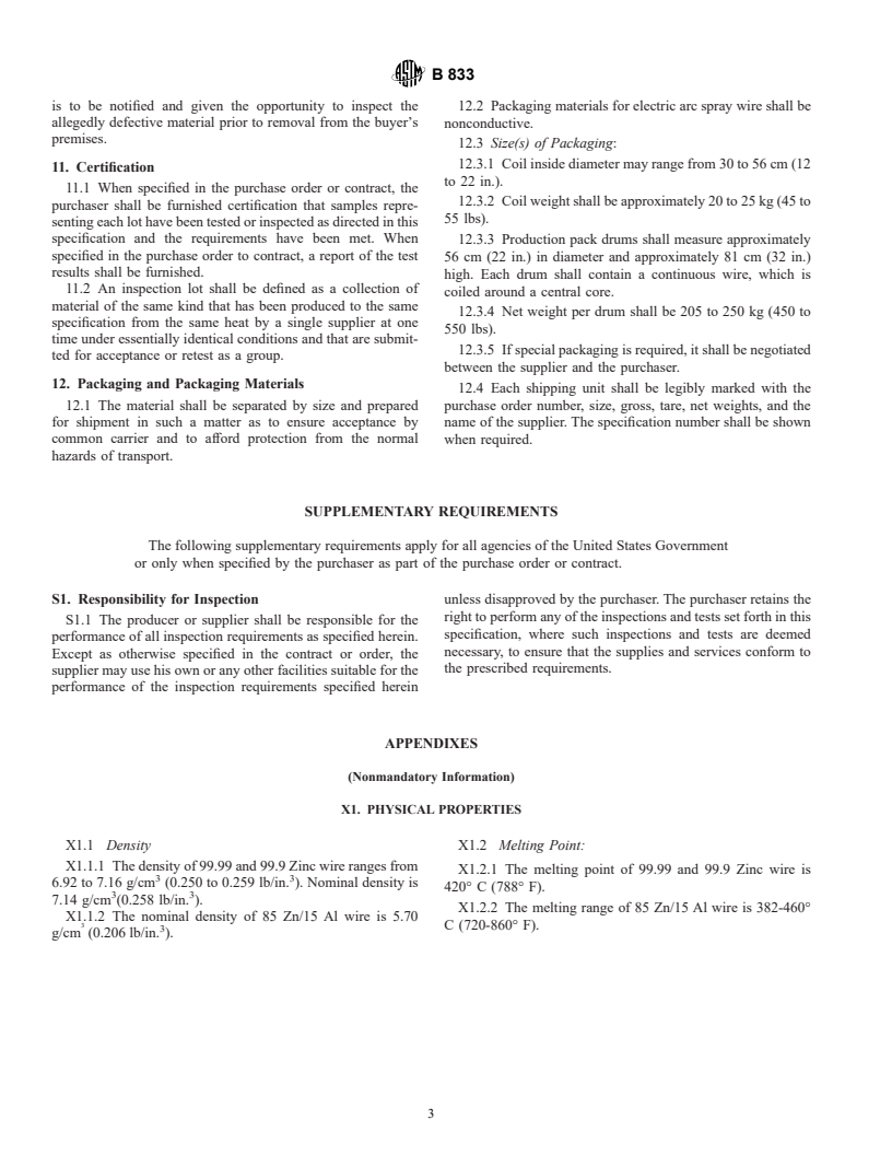 ASTM B833-01 - Standard Specification for Zinc and Zinc Alloy Wire for Thermal Spraying (Metallizing)