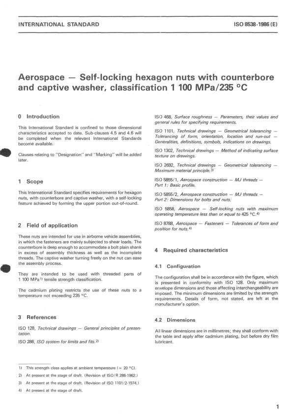 ISO 8538:1986 - Aerospace -- Self-locking hexagon nuts with counterbore and captive washer, classification 1 100 MPa/235 degrees C