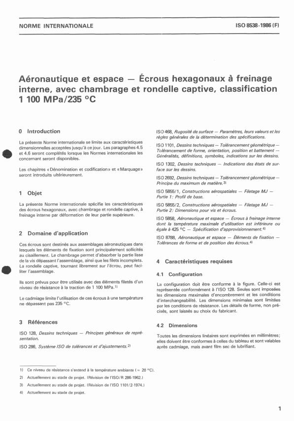 ISO 8538:1986 - Aéronautique et espace -- Écrous hexagonaux a freinage interne, avec chambrage et rondelle captive, classification 1 100 MPa/235 degrés C