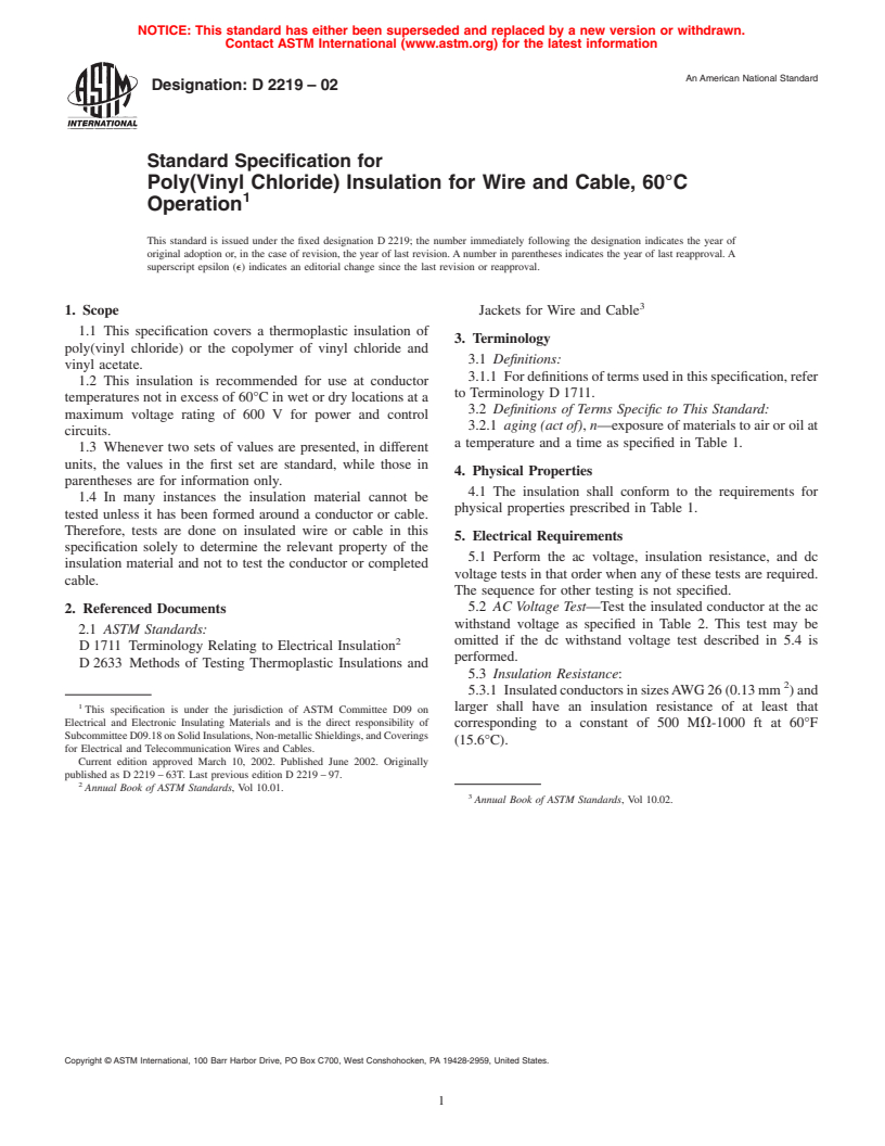 ASTM D2219-02 - Standard Specification for Poly(Vinyl Chloride) Insulation for Wire and Cable, 60&#176;C Operation