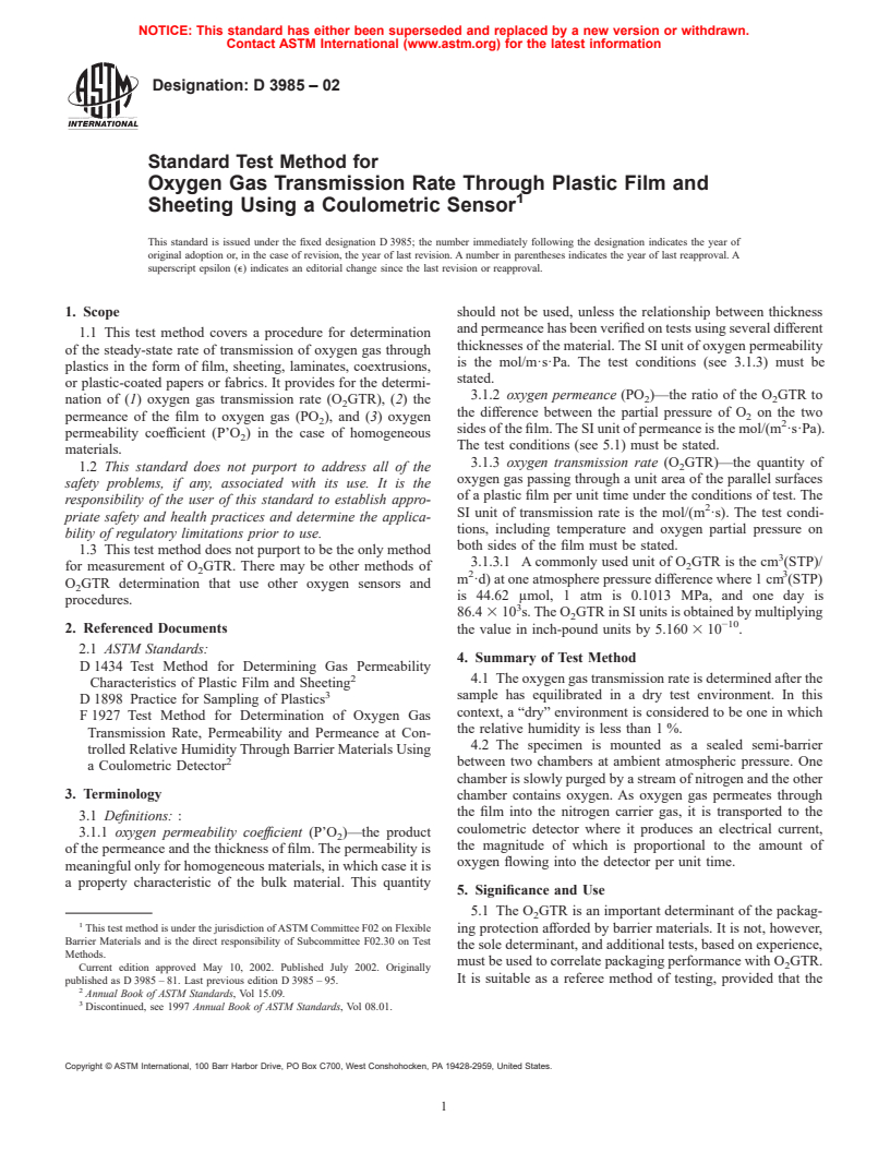 ASTM D3985-02 - Standard Test Method for Oxygen Gas Transmission Rate Through Plastic Film and Sheeting Using a Coulometric Sensor