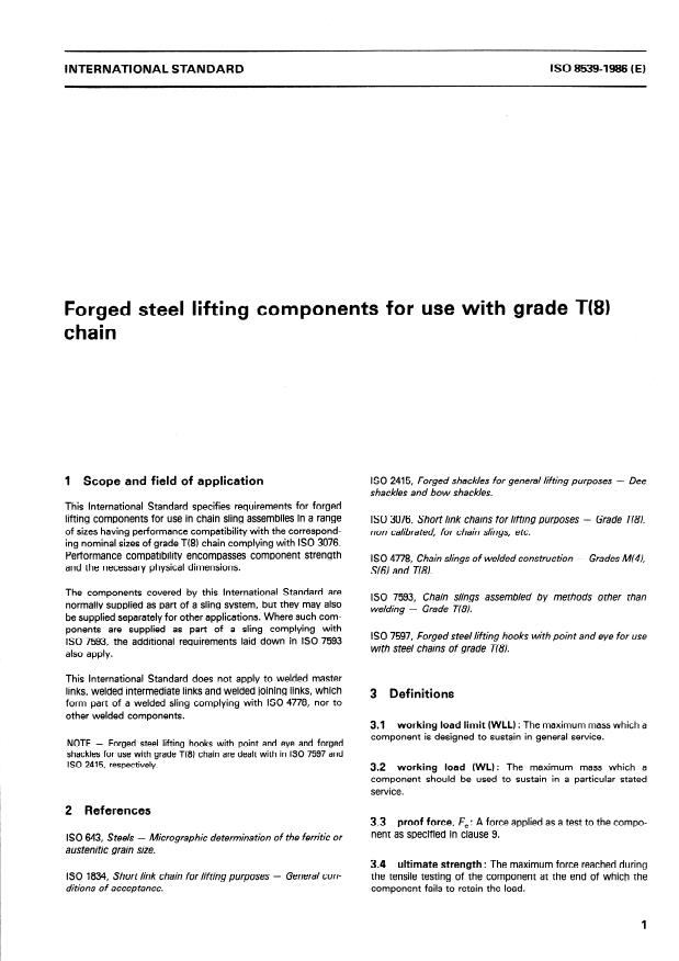ISO 8539:1986 - Forged steel lifting components for use with grade T(8) chain