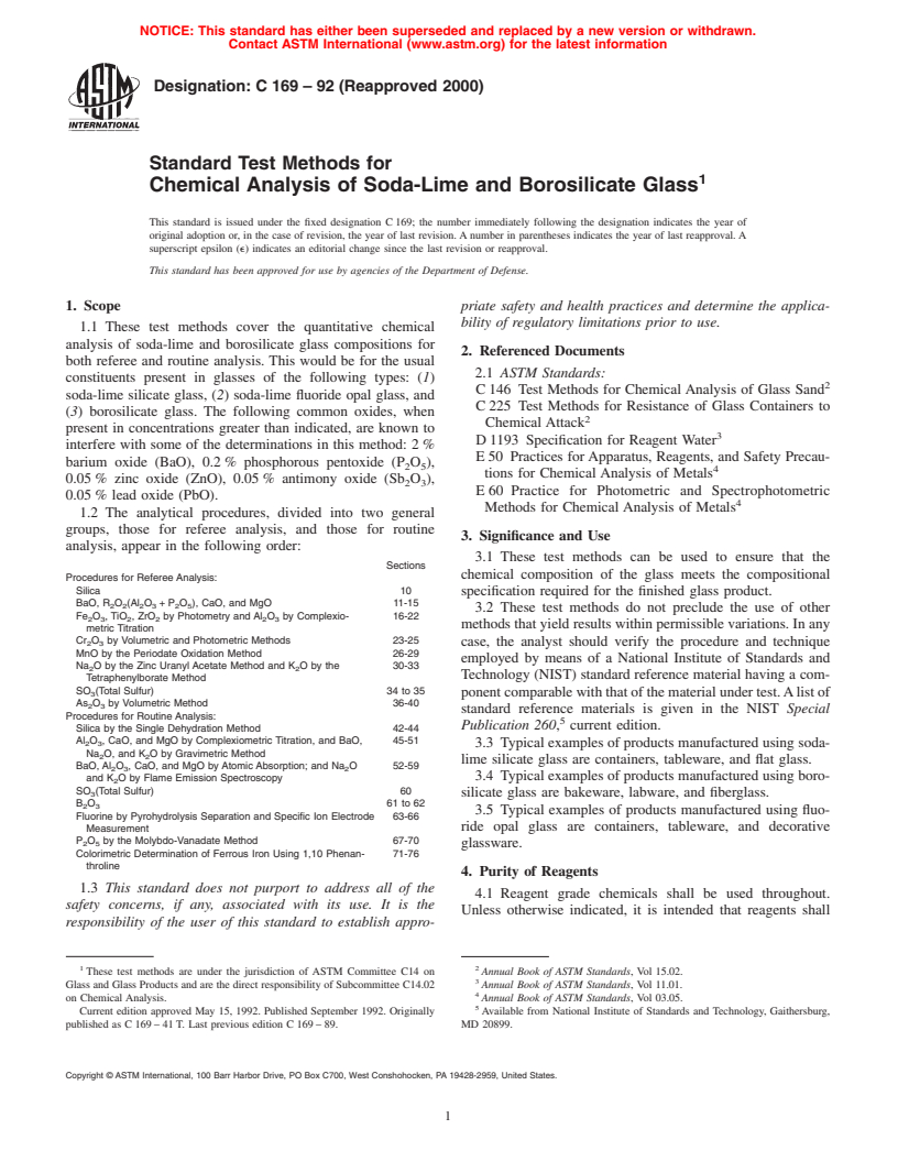 ASTM C169-92(2000) - Standard Test Methods for Chemical Analysis of Soda-Lime and Borosilicate Glass