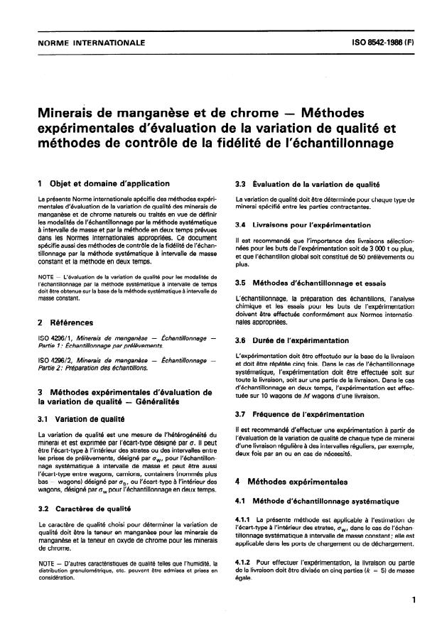 ISO 8542:1986 - Minerais de manganese et de chrome -- Méthodes expérimentales d'évaluation de la variation de qualité et méthodes de contrôle de la fidélité de l'échantillonnage