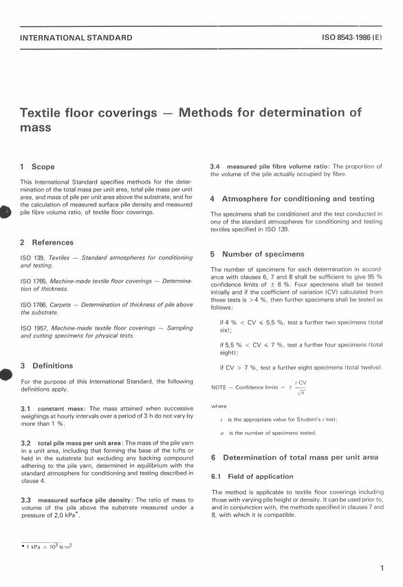 ISO 8543:1986 - Textile floor coverings -- Methods for determination of mass