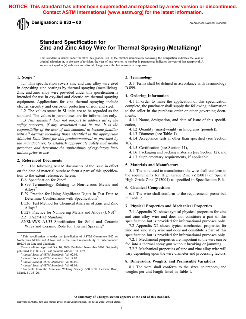 ASTM B833-00 - Standard Specification for Zinc and Zinc Alloy Wire for Thermal Spraying (Metallizing)