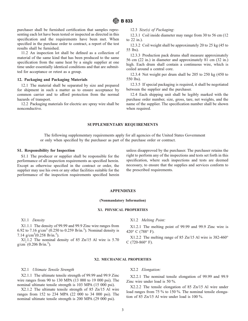 ASTM B833-00 - Standard Specification for Zinc and Zinc Alloy Wire for Thermal Spraying (Metallizing)