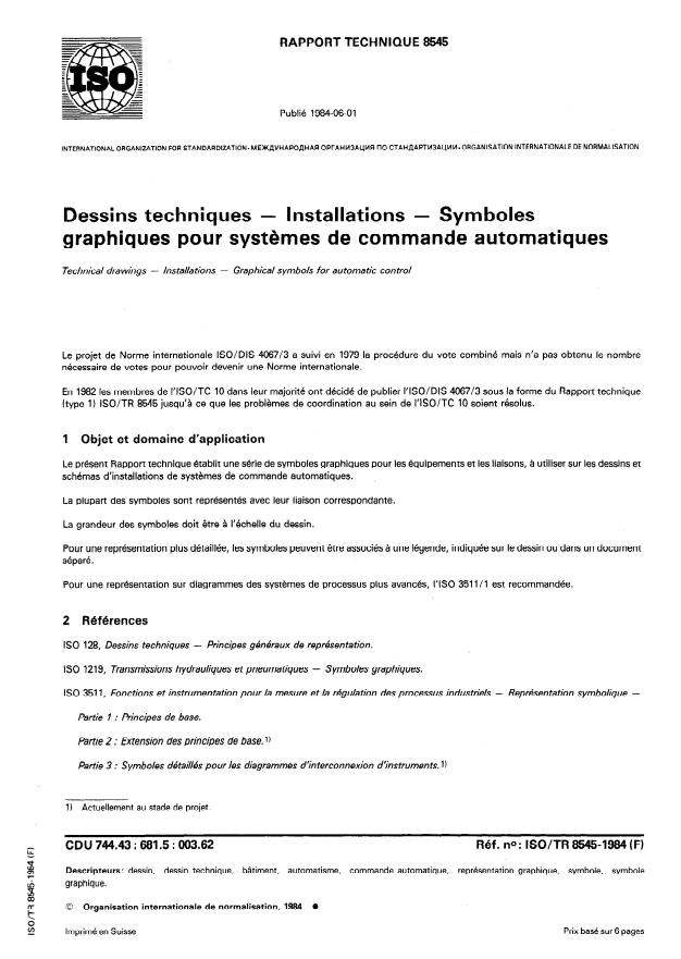 ISO/TR 8545:1984 - Dessins techniques -- Installations -- Symboles graphiques pour systemes de commande automatiques