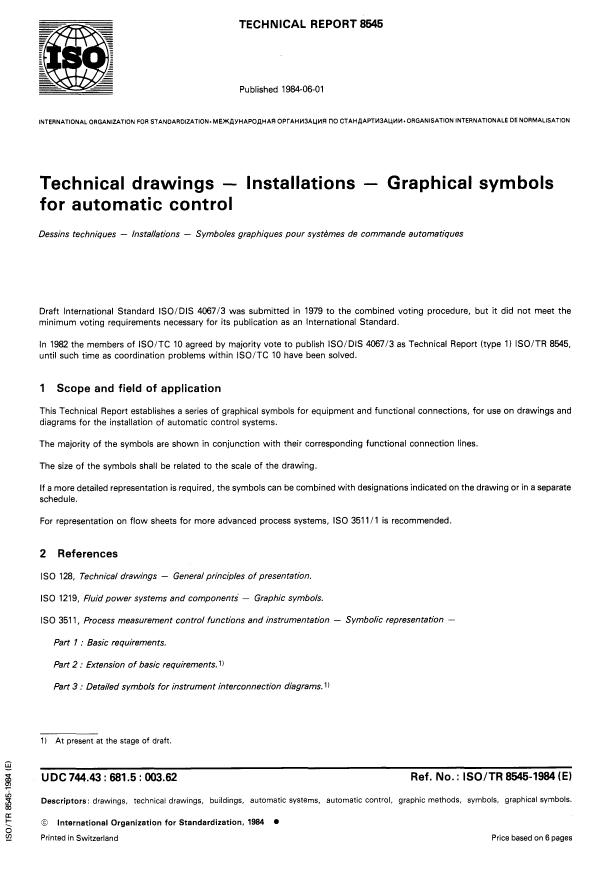 ISO/TR 8545:1984 - Technical drawings -- Installations -- Graphical symbols for automatic control