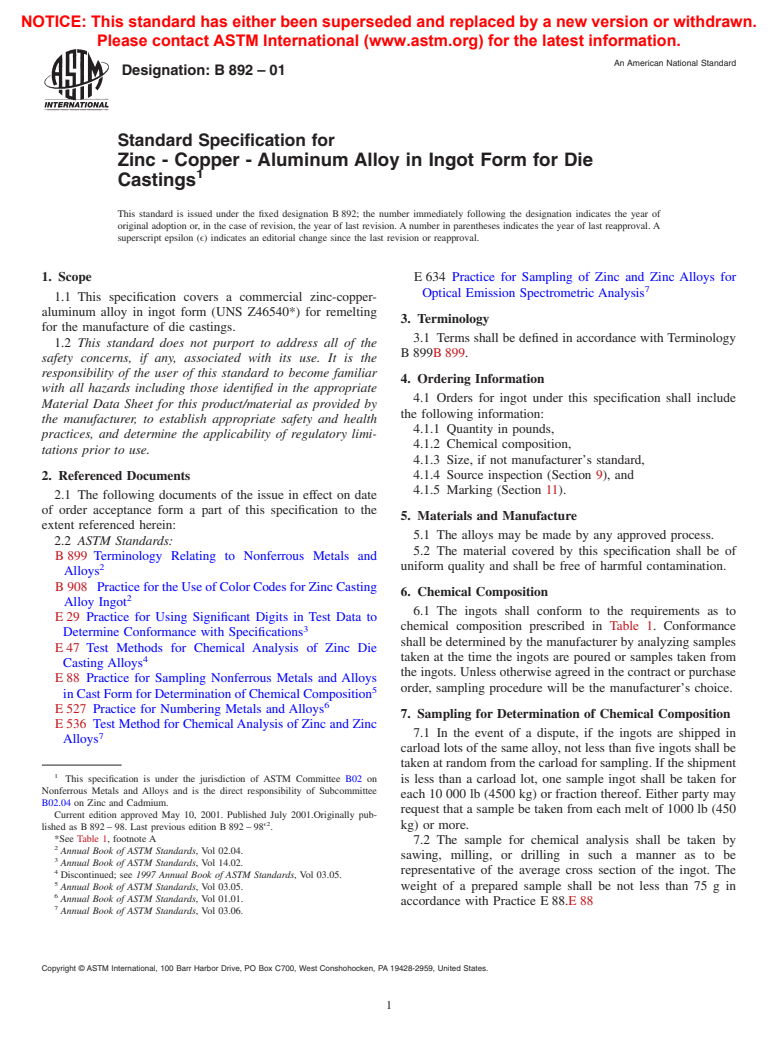 ASTM B892-01 - Standard Specification for Zinc - Copper - Aluminum in Ingot Form for Die Castings