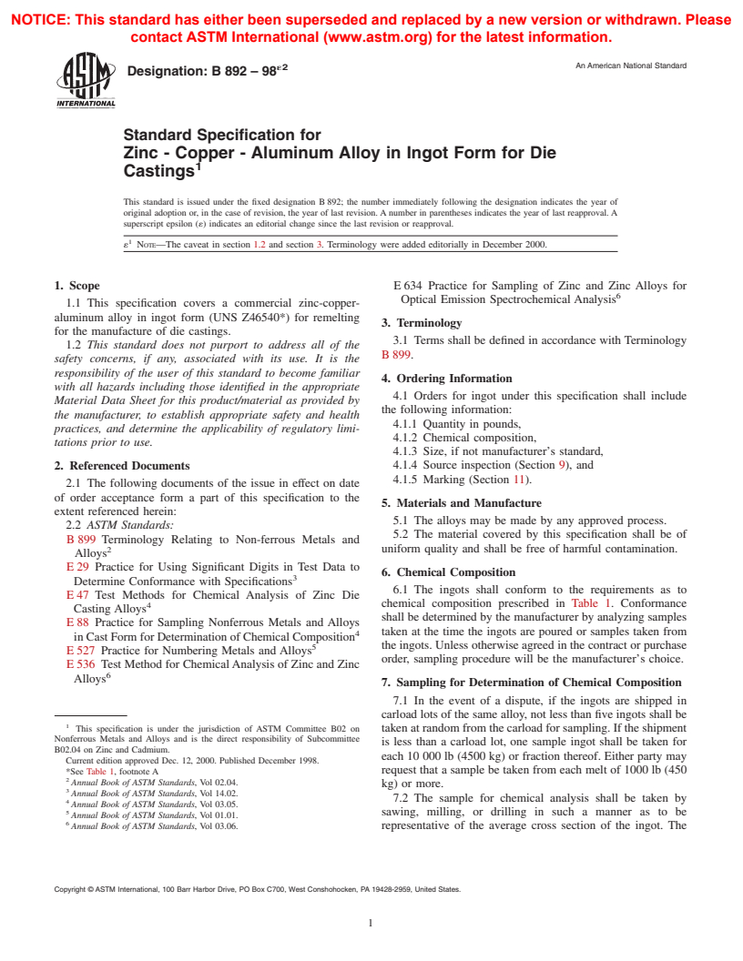 ASTM B892-98e2 - Standard Specification for Zinc - Copper - Aluminum in Ingot Form for Die Castings