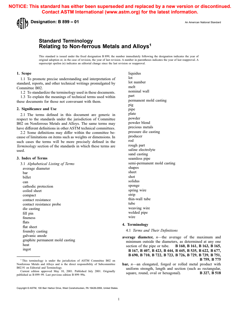 ASTM B899-01 - Standard Terminology Relating to Non-ferrous Metals and Alloys