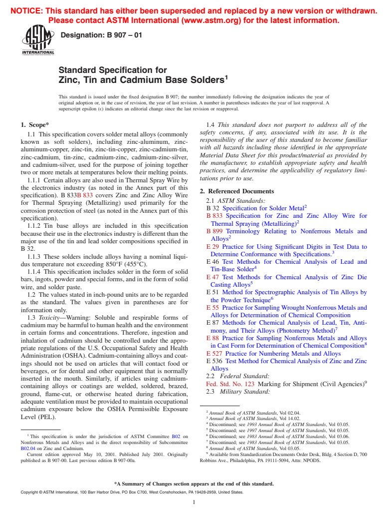 ASTM B907-01 - Standard Specification for Zinc, Tin and Cadmium Base Solders