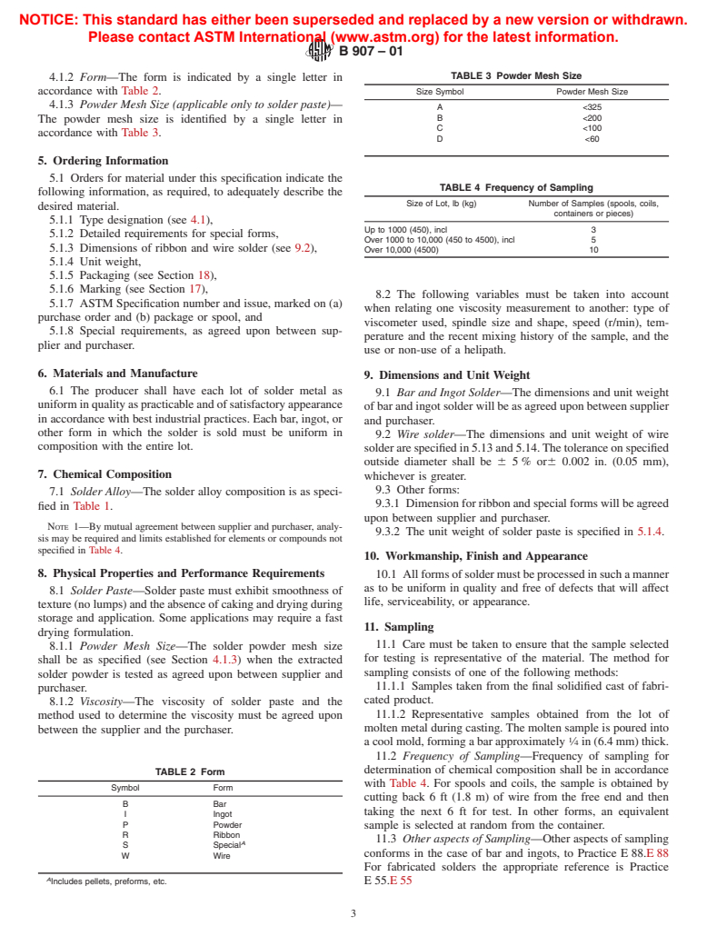 ASTM B907-01 - Standard Specification for Zinc, Tin and Cadmium Base Solders