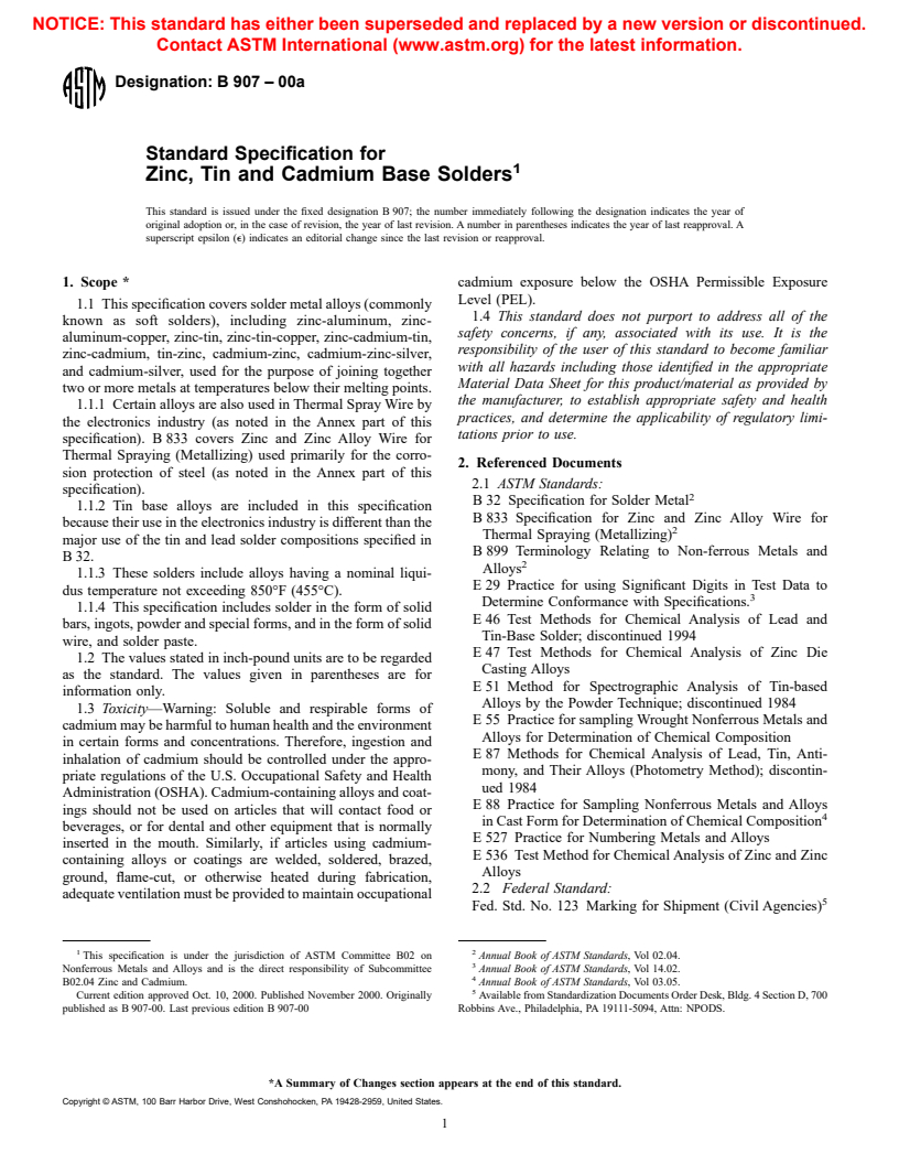 ASTM B907-00a - Standard Specification for Zinc, Tin and Cadmium Base Solders