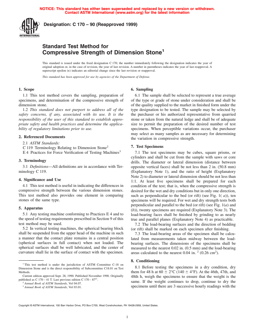 ASTM C170-90(1999) - Standard Test Method for Compressive Strength of Dimension Stone