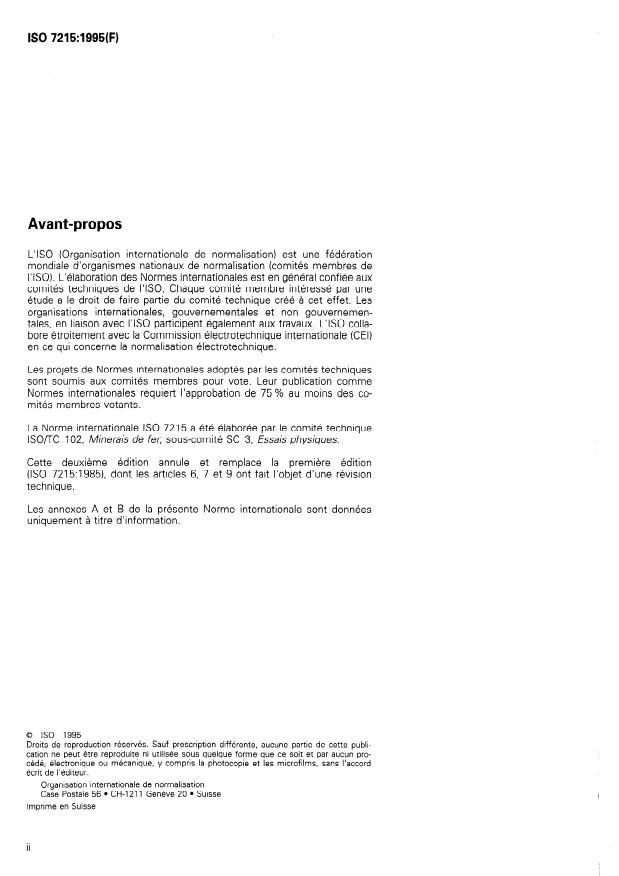 ISO 7215:1995 ISO 7215:1995 - Minerais de fer -- Détermination de la réductibilité relative - Page 2 preview