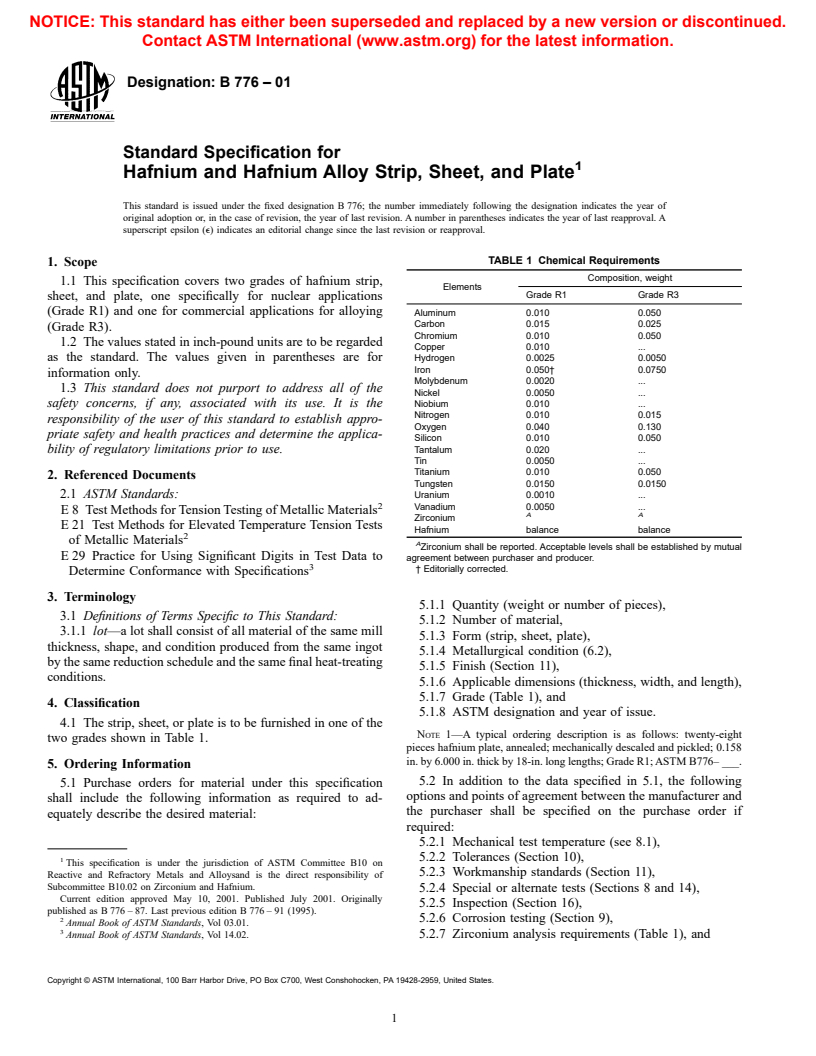 ASTM B776-01 - Standard Specification for Hafnium and Hafnium Alloy Strip, Sheet, and Plate