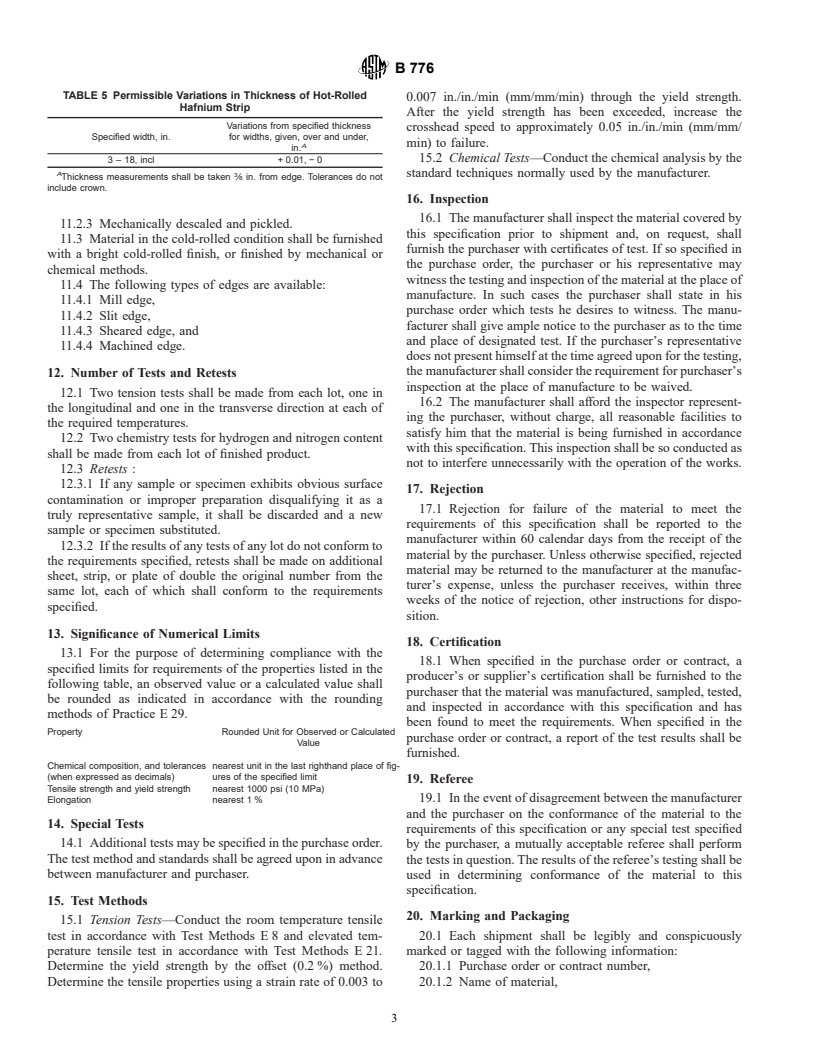 ASTM B776-01 - Standard Specification for Hafnium and Hafnium Alloy Strip, Sheet, and Plate