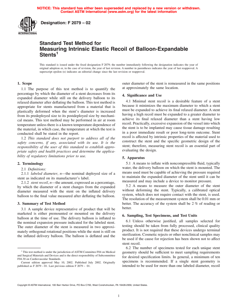 ASTM F2079-02 - Standard Test Method for Measuring Intrinsic Elastic Recoil of Balloon-Expandable Stents