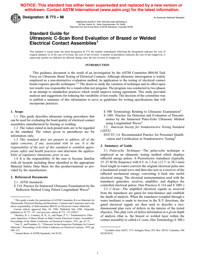 ASTM B773-96 - Standard Guide for Ultrasonic C-Scan Bond Evaluation of Brazed or Welded Electrical Contact Assemblies