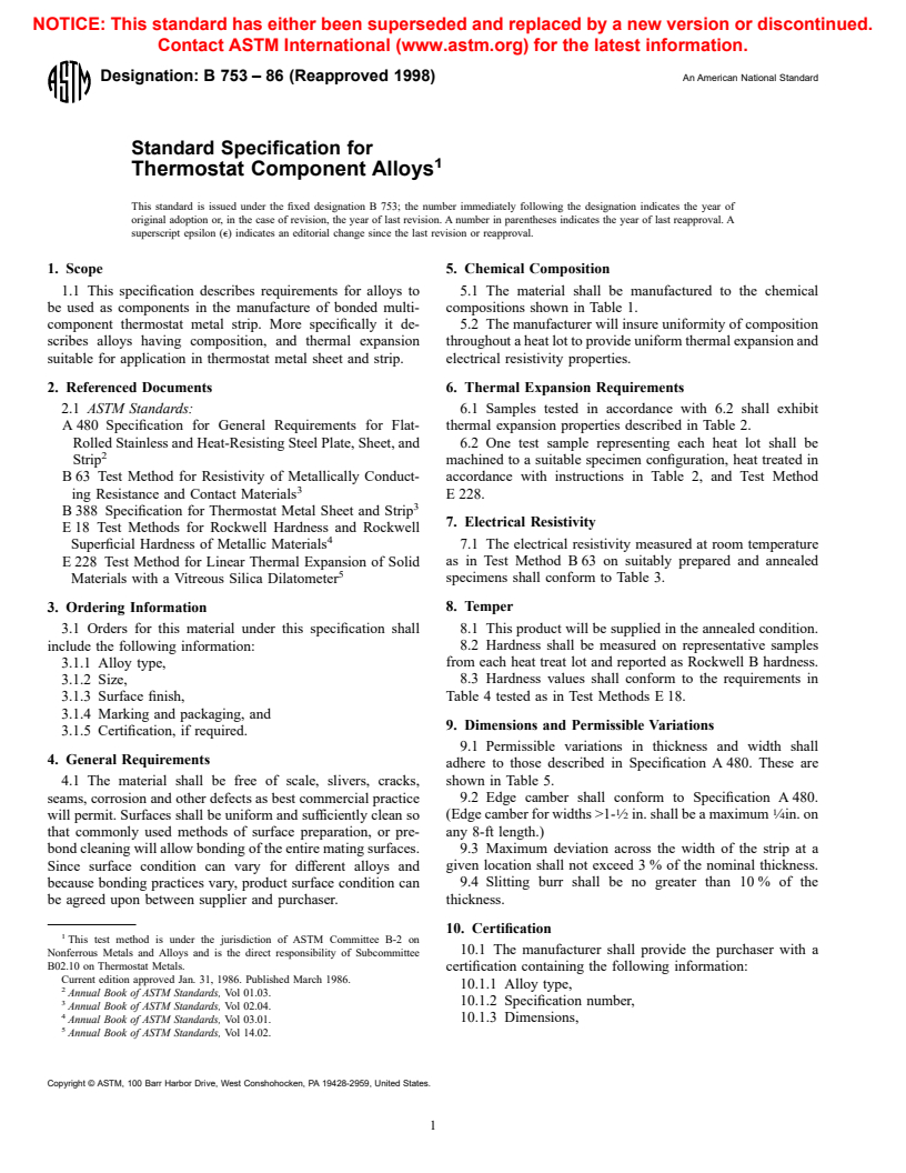 ASTM B753-86(1998) - Standard Specification for Thermostat Component Alloys