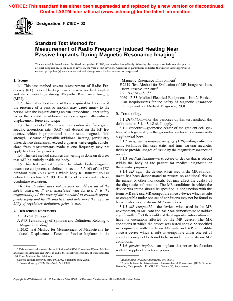 ASTM F2182-02 - Standard Test Method for Measurement of Radio Frequency Induced Heating Near Passive Implants During Magnetic Resonance Imaging