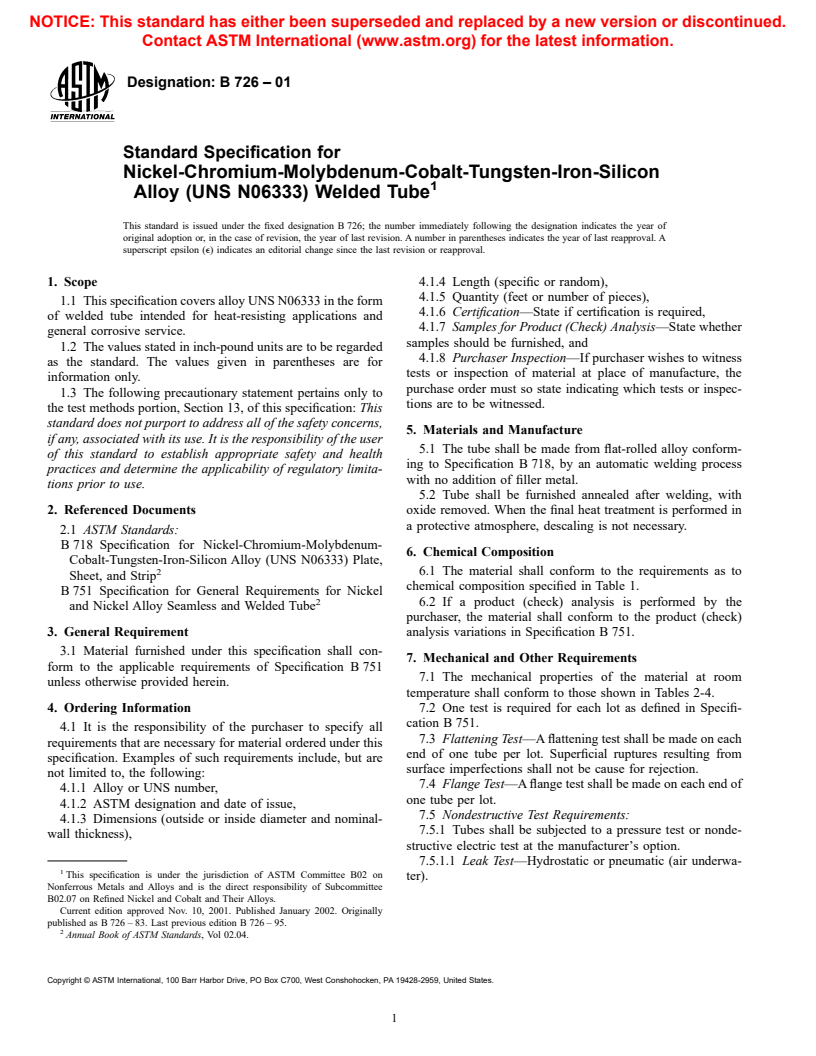 ASTM B726-01 - Standard Specification for Nickel-Chromium-Molybdenum-Cobalt-Tungsten-Iron-Silicon  Alloy (UNS N06333)     Welded Tube