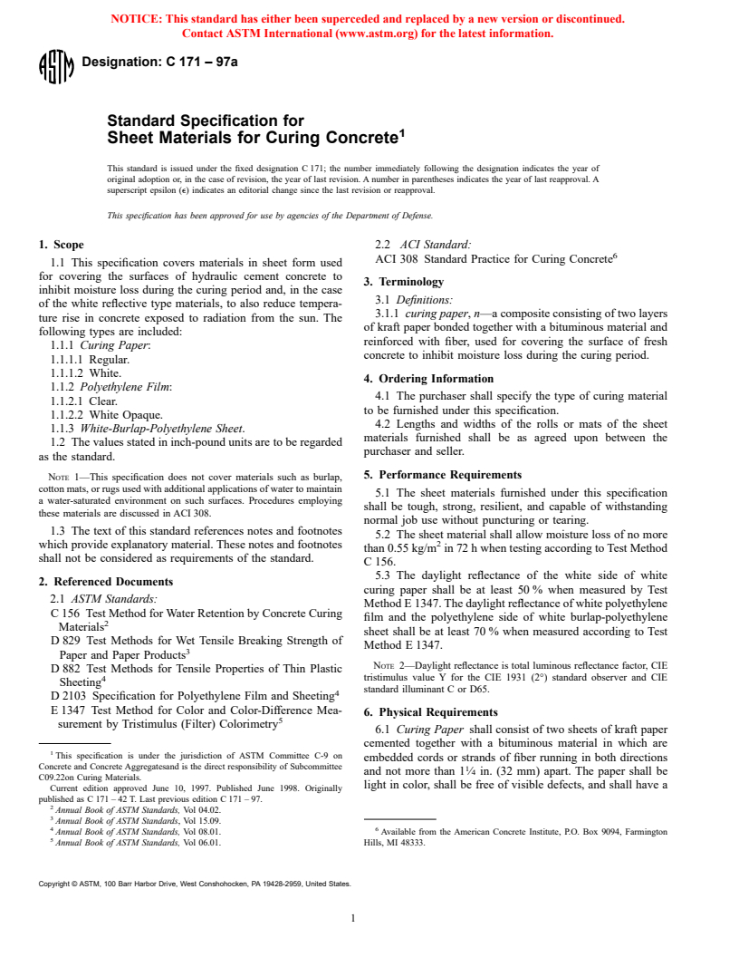 ASTM C171-97a - Standard Specification for Sheet Materials for Curing Concrete