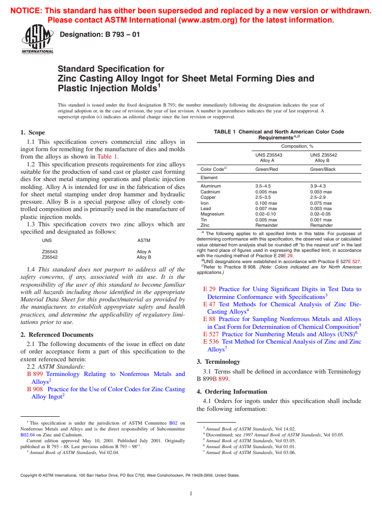 ASTM B793-01 - Standard Specification for Zinc Casting Alloy Ingot for Sheet Metal Forming Dies and Plastic Injection Molds