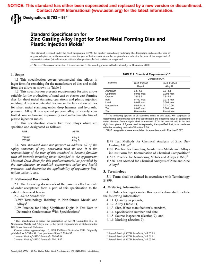 ASTM B793-98e1 - Standard Specification for Zinc Casting Alloy Ingot for Sheet Metal Forming Dies and Plastic Injection Molds