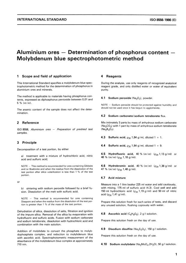 ISO 8556:1986 - Aluminium ores -- Determination of phosphorus content -- Molybdenum blue spectrophotometric method