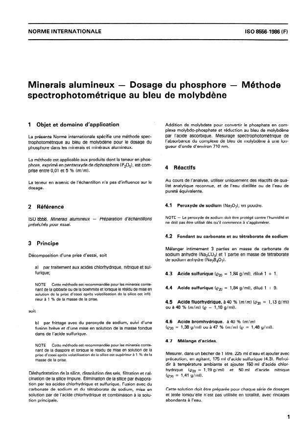 ISO 8556:1986 - Minerais alumineux -- Dosage du phosphore -- Méthode spectrophotométrique au bleu de molybdene