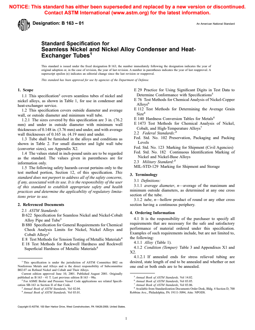 ASTM B163-01 - Standard Specification for Seamless Nickel and Nickel Alloy Condenser and Heat-Exchanger Tubes