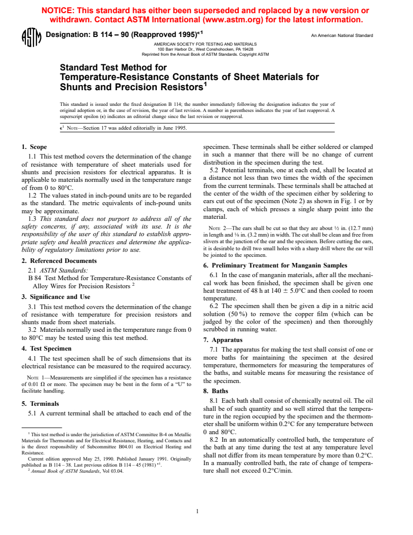 ASTM B114-90(1995)e1 - Standard Test Method for Temperature-Resistance Constants of Sheet Materials for Shunts and Precision Resistors