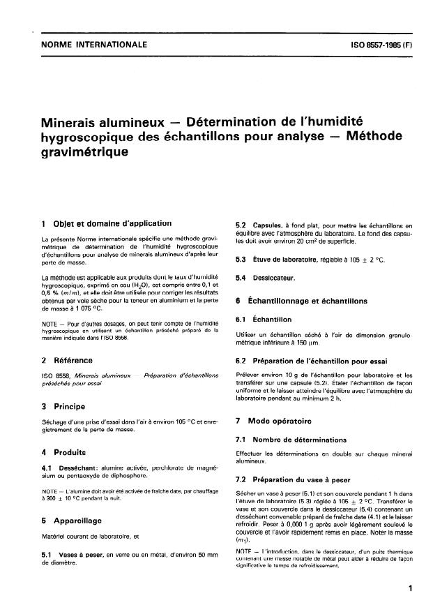 ISO 8557:1985 - Minerais alumineux -- Détermination de l'humidité hygroscopique des échantillons pour analyse -- Méthode gravimétrique