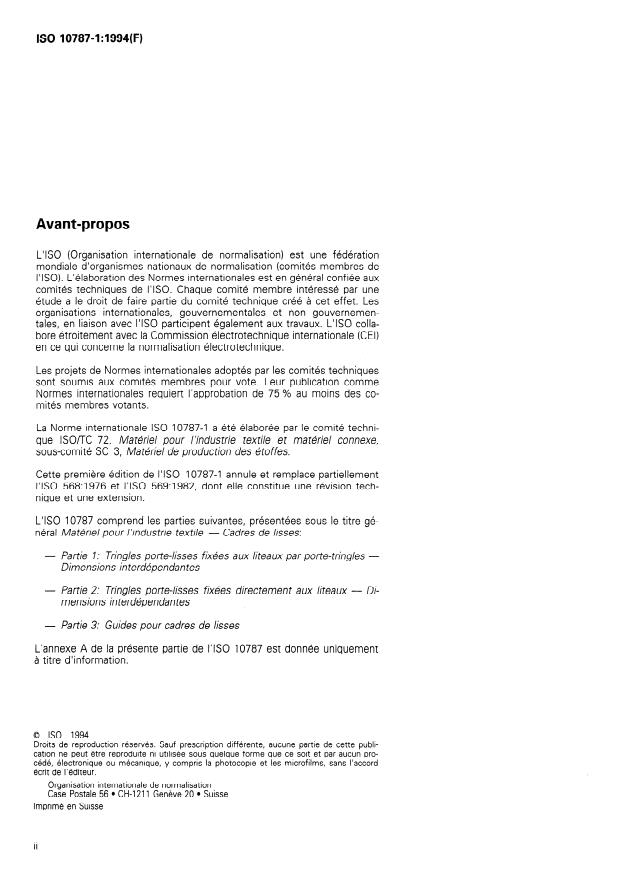 ISO 10787-1:1994 ISO 10787-1:1994 - Matériel pour l'industrie textile -- Cadres de lisses - Page 2 preview