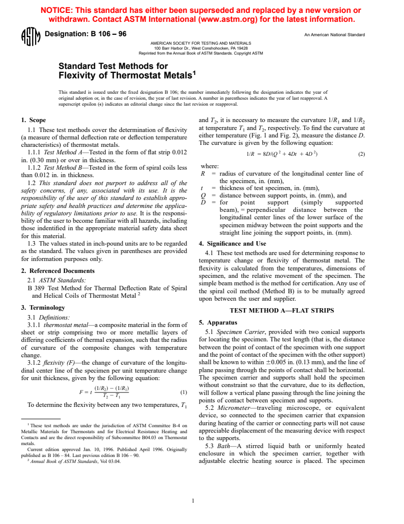 ASTM B106-96 - Standard Test Methods for Flexivity of Thermostat Metals