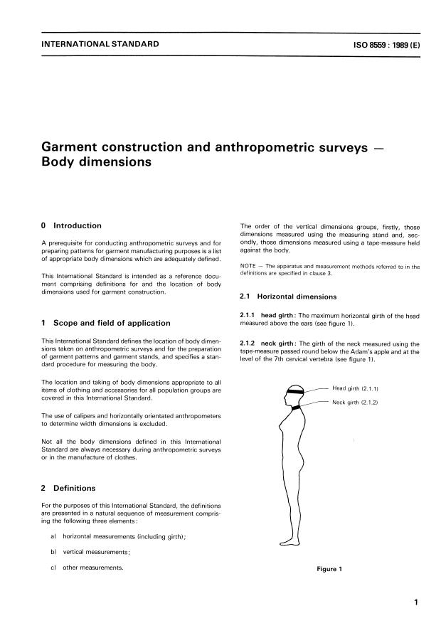 ISO 8559:1989 - Garment construction and anthropometric surveys -- Body dimensions