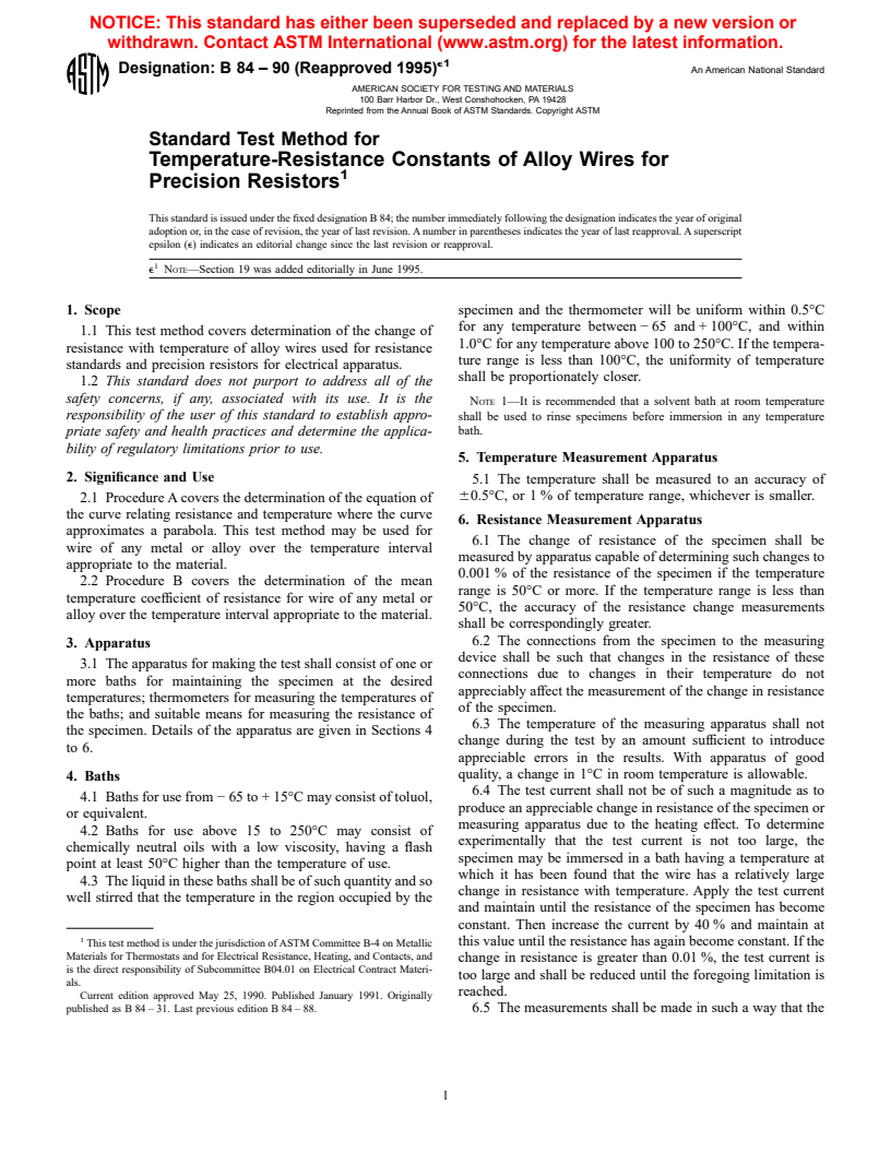 ASTM B84-90(1995)e1 - Standard Test Method for Temperature-Resistance Constants of Alloy Wires for Precision Resistors