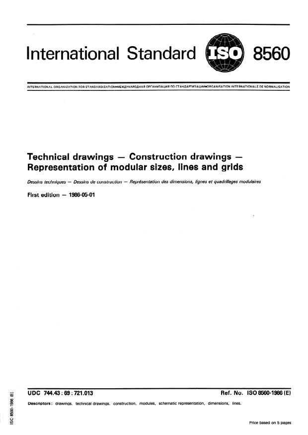 ISO 8560:1986 - Technical drawings -- Construction drawings -- Representation of modular sizes, lines and grids
